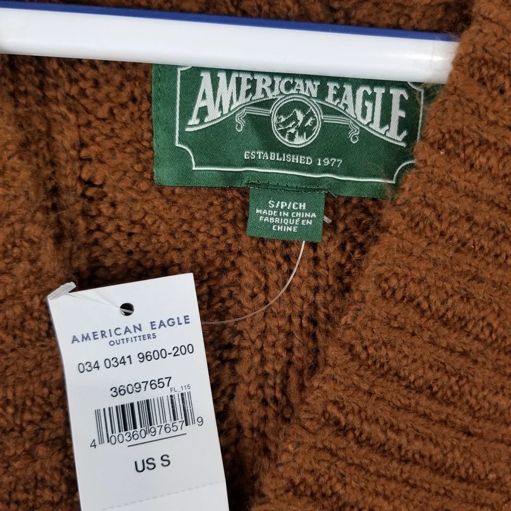 American Eagle Brown Cable‎ Knit Hooded V-Neck Sweater Small NWT 0341-9600-200